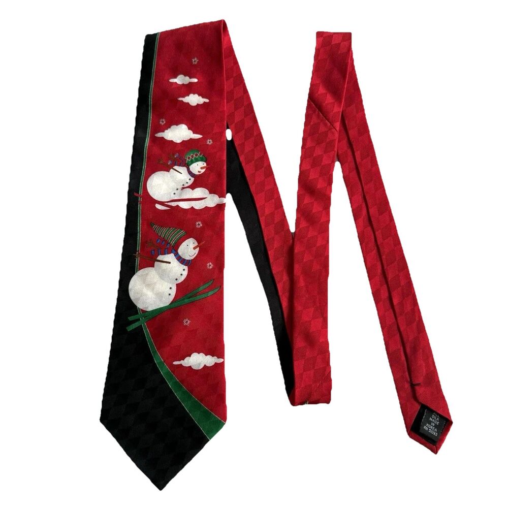 Hallmark Men's Christmas Neck Tie Cool Yule Snowman Skiing 100% Silk Ski Slopes